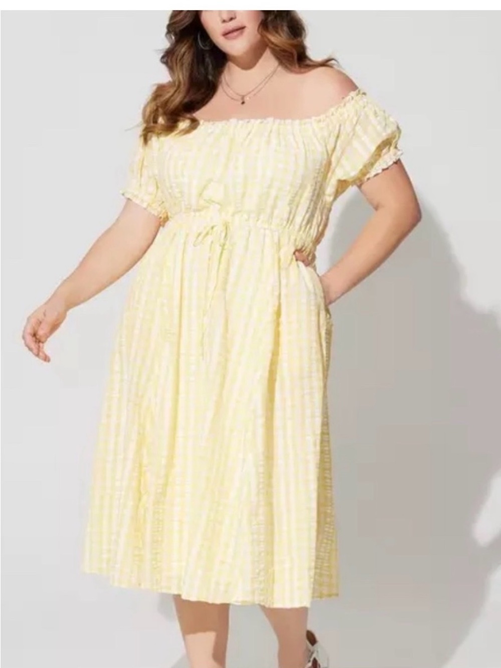 Torrid Women's Yellow and White Seersucker Midi Swing
Dress Sz- 2 gingham